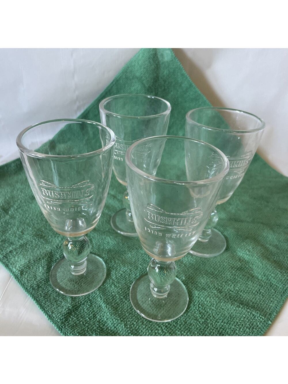 BUSHMILLS IRISH WHISKEY Footed Mug Coffee Glass Embossed Logo Design Set of 4